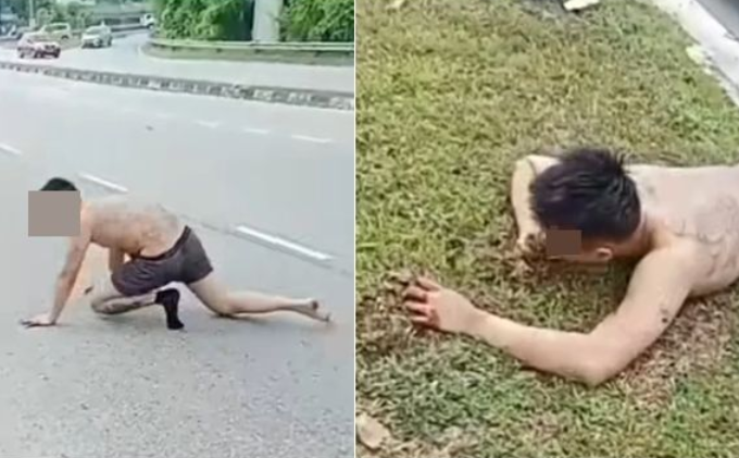 男子裸躺马路，狂吞泥土暴毙